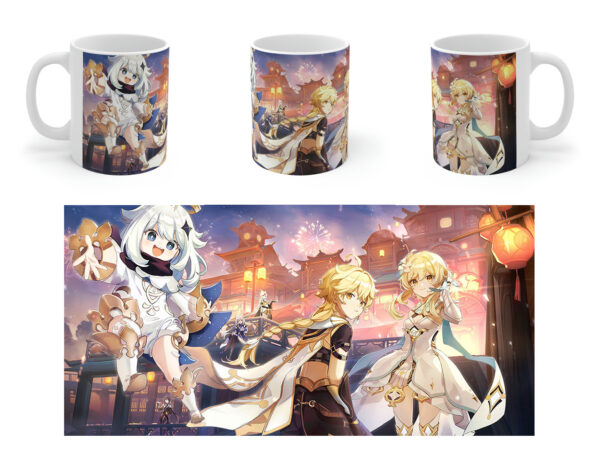 Taza Genshin Impact Viajero y Paimon