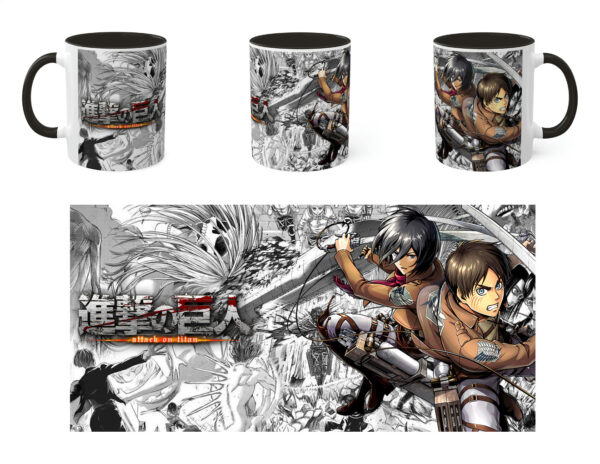 Taza tipo manga Shingeki no Kyojin Mikasa y Eren